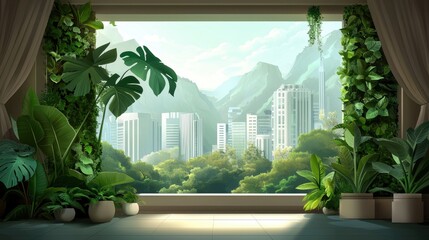 Poster - Modern Office Interior with Lush Greenery and Scenic View of Cityscape and Mountains