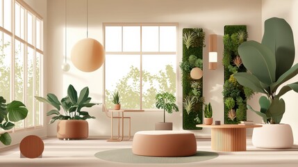 Poster - Modern Minimalist Interior Design of Office Space with Greenery and Natural Light Enhancing Productivity