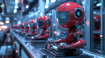 Poster - assembly line of cute red robots working in futuristic factory production automating advanced technology industrial innovation concept
