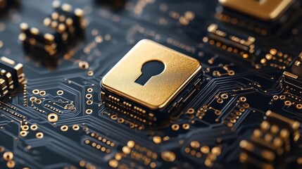 Poster - Golden Keyhole on Circuit Board Represents Cyber Security Data Protection and Encryption Technology Concept