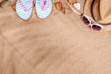 Poster - A tropical summer background featuring soft beach sand with delicate palm leaf shadows and sunhat