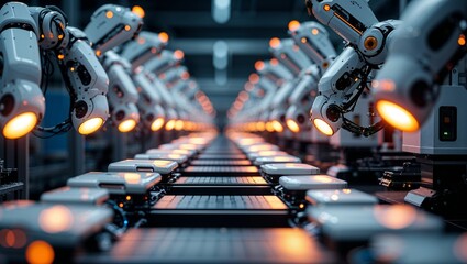 Poster - advanced robotic arms assemble products in a high-tech manufacturing facility during a bright day