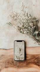 Poster - A smartphone rests on a wooden surface beside delicate white flowers, reflecting their silhouette on the screen in soft, natural light