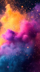 Poster - Vibrant explosion of colorful powder paint creating an abstract celestial nebula in a dark background with dynamic energy and movement