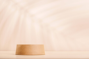 Fototapete - Template with podium on table and wall with natural plant shadow and sunny glare