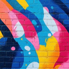 Poster - Vibrant brick wall art with colorful abstract shapes and playful design creating a cheerful urban aesthetic for creative projects