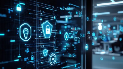 Poster - Futuristic Digital Interface with Cybersecurity Icons and Data Protection Symbols in a High-Tech Environment