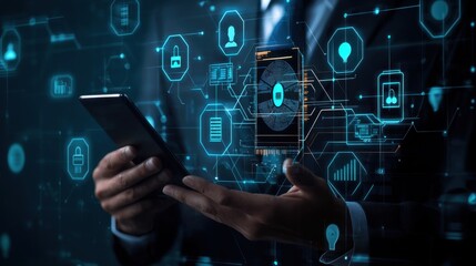 Poster - Businessman Using Smartphone Surrounded by Futuristic Technology and Data Security Icons in a Digital Environment