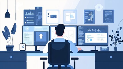 Poster - Modern Workspace with Multiple Monitors and Data Visualization for Digital Professionals Creating Insightful Reports and Analyzing Information Effectively