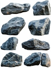 Poster - Collection of Natural Gray Rocks and Stones on White Background Showing Diverse Textures and Shapes for Landscaping