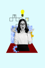 Poster - Vertical sketch 3d collage poster of astonished businesswoman arrow development progress light bulb idea gears success crossword