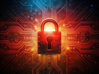 Poster - Secure Digital Data: Glowing Red Locked Circuit Board Silhouette
