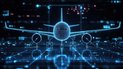 Poster - Futuristic 3D Representation of an Airplane in Neon Blue with Data Connections and High-Tech Background for Aviation and Technology Concepts