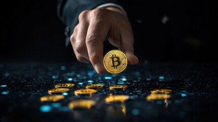 Poster - Hand Holding Bitcoin Coin in Dark Background with Sparkling Blue Lights Symbolizing Cryptocurrency Investment and Digital Currency Enthusiasm