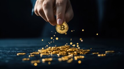 Poster - Hand Dropping Bitcoin Coin Amongst Glittering Gold Coins on Dark Background Reflecting Wealth, Investment, and Cryptocurrency Concept