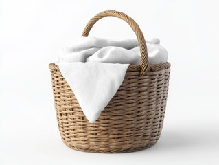 Poster - Wicker Laundry Basket Filled with Soft White Linens on Clean White Background in Studio Setting
