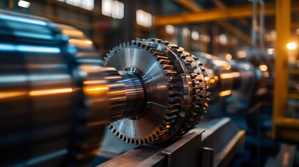 Poster - Gears rotating on metal shaft in industrial factory setting