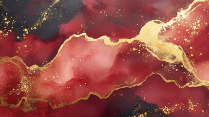 Poster - Luxurious Red and Gold Abstract Watercolor Painting with Elegant Texture and Fluid Design for Modern Art