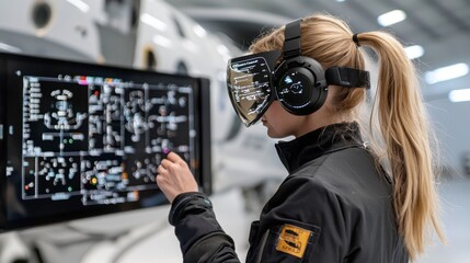 Poster - Female engineer wearing advanced headset and visor while interacting with complex digital interface in high-tech laboratory environment