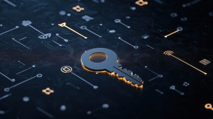 Poster - Digital key glowing on a futuristic circuit board background, representing security, technology, and data protection concepts in a modern world.