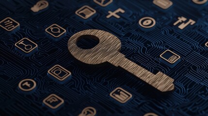Poster - Digital Key Overlaying Technology Icons on a Circuit Board Background, Symbolizing Security and Access in the Digital World