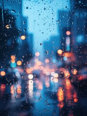 Poster - Abstract Urban Nightscape Through Rain-Streaked Glass Capturing City Lights and Reflections with Moody Blue Tones and Bokeh
