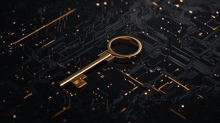 Poster - Vintage Golden Key on a Modern Circuit Board Background Representing Technology and Security Concepts in Digital Age Innovation
