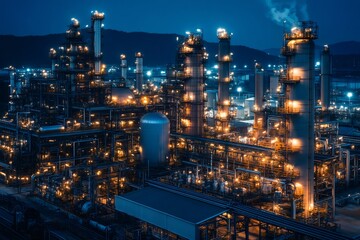 Fototapete - Oil refinery plant manufacturing petrochemical products at twilight