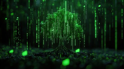 Aufkleber - Futuristic Tree Surrounded by Green Data Streams Representing Nature and Technology in Harmony, Symbolizing Growth and Digital Connection in a Virtual World