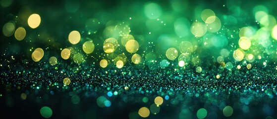 Poster - Emerald dreamscape of glittering bokeh lights with sparkling dust on a dark green background creating a magical and festive atmosphere