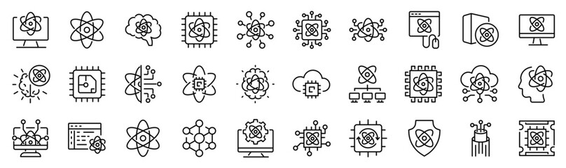 set of 30 outline icons related to quantum computing. linear icon collection. editable stroke. vecto