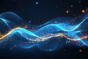 Poster - Abstract flowing digital wave with glowing particles on dark background creating a futuristic and dynamic visual effect suitable for technology and science themes