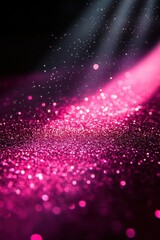 Poster - Radiant pink glitter explosion on dark backdrop creating a magical and festive atmosphere with a soft light beam and bokeh effects