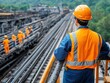 © Aether Pixels - Industrial worker in safety gear overlooking railway construction site with team and green trees