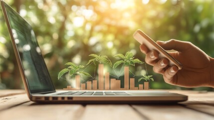 Poster - A media manager uses a smartphone to monitor and improve marketing efforts while surrounded by lush greenery, reflecting a connection to nature and technology