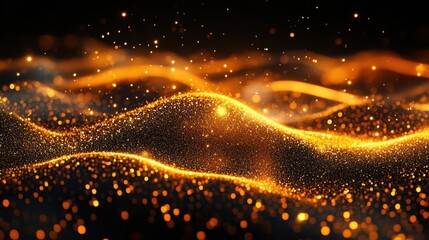 Poster - Luminous golden wave of sparkling particles on a dark background abstract elegance and modern design with dynamic movement and festive mood