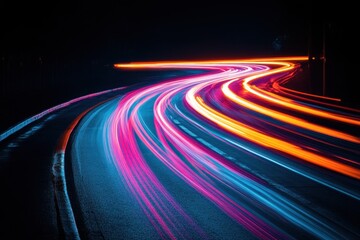 Poster - Dynamic Light Trails on Winding Asphalt Road at Night Long Exposure Photography Capturing Motion and Speed in Urban Landscape