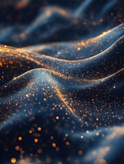 Poster - Abstract Waves of Deep Blue Fabric with Golden Glittering Particles for Luxurious Background