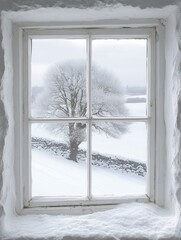 Poster - Serene Winter View Through a Rustic Window Frame Capturing a Snow Covered Landscape with a Frosty Tree and Stone Wall in a Tranquil Setting