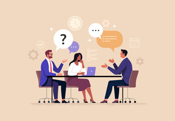 Fototapete - Business Job Interview concept. Vector cartoon illustration of two people sitting at a table with a laptop and asking a young man in a suit questions. Isolated on background 
