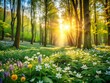© Four888 - Spring Forest Panorama: Sunlit Trees & Bokeh, Lush Green Landscape