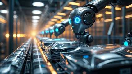 Poster - advanced robotic arms assembling products in a high-tech factory setting during daytime operations