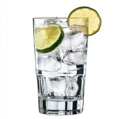 Poster - Refreshing gin and tonic cocktail with ice cubes and lime slices on a bright white background studio shot