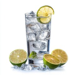 Poster - Refreshing Gin and Tonic with Lime and Ice Cubes on White Background a Classic Cocktail Drink for Summer