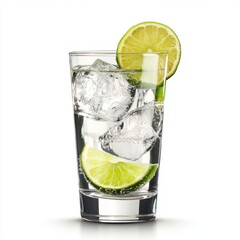 Poster - Refreshing gin and tonic with lime and ice cubes in a glass on a white background perfect for summer