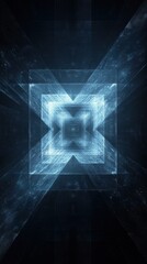 Poster - Abstract futuristic tunnel with glowing blue light geometric shapes and dark background creating a sense of depth and mystery for modern technology