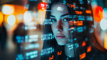 woman gazes through digital interface with glowing code and city lights, reflecting futuristic and technological atmosphere