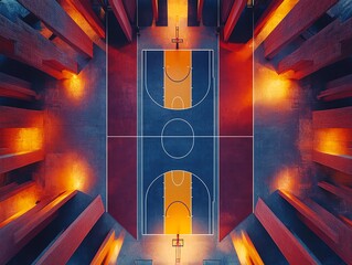Poster - A stunning aerial shot of a basketball court with intricate geometric patterns in bright colors, contrasting lines creating a mesmerizing design, photorealistic, cinematic lighting
