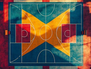 Poster - A stunning aerial shot of a basketball court with intricate geometric patterns in bright colors, contrasting lines creating a mesmerizing design, photorealistic, cinematic lighting