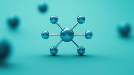 Poster - Abstract molecular structure on a soft turquoise background with glossy spheres and blurred shapes in the backdrop
